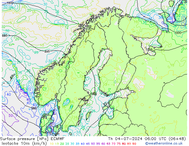 Isotachen (km/h) ECMWF do 04.07.2024 06 UTC