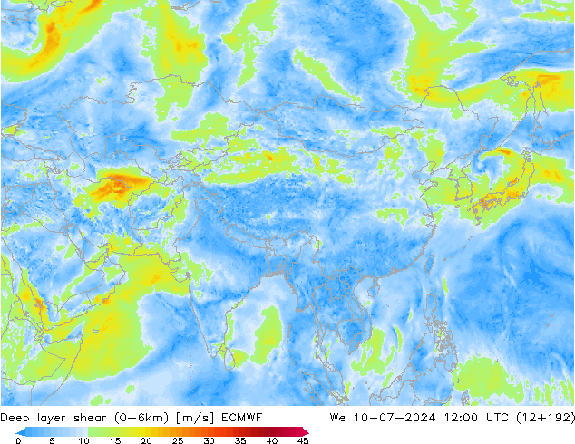Deep layer shear (0-6km) ECMWF wo 10.07.2024 12 UTC