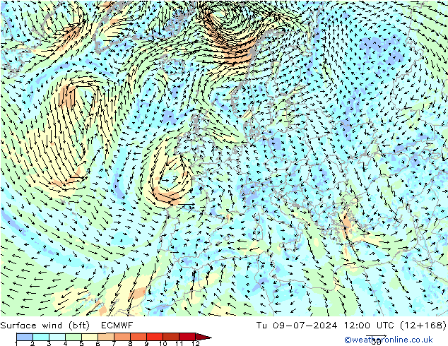 Wind 10 m (bft) ECMWF di 09.07.2024 12 UTC
