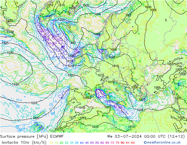 10米等风速线 (kph) ECMWF 星期三 03.07.2024 00 UTC