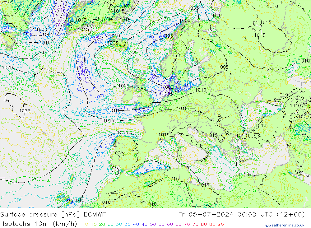 Isotachen (km/h) ECMWF vr 05.07.2024 06 UTC