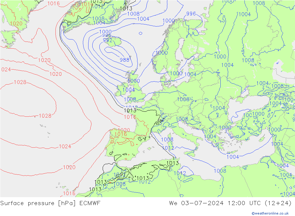 地面气压 ECMWF 星期三 03.07.2024 12 UTC