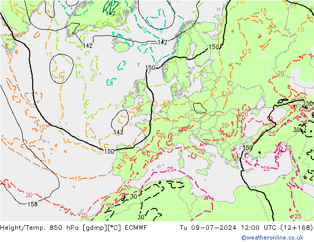 Z500/Rain (+SLP)/Z850 ECMWF 星期二 09.07.2024 12 UTC