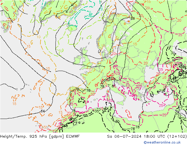 Height/Temp. 925 hPa ECMWF 星期六 06.07.2024 18 UTC