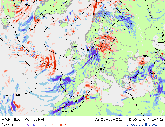 T-Adv. 850 hPa ECMWF za 06.07.2024 18 UTC