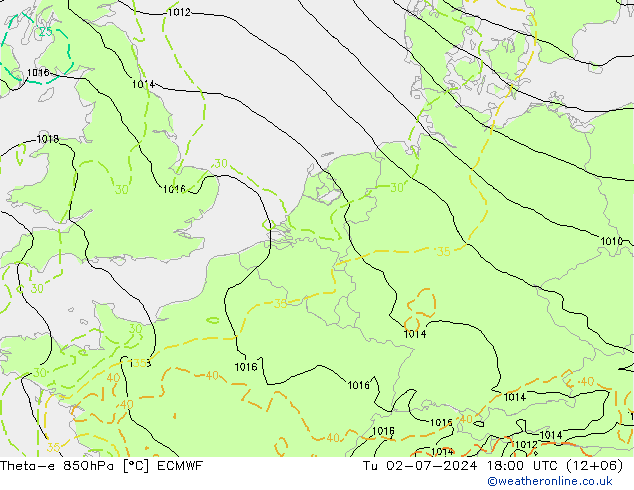 Theta-e 850hPa ECMWF di 02.07.2024 18 UTC