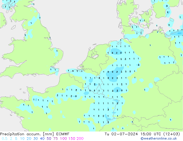 Precipitation accum. ECMWF 星期二 02.07.2024 15 UTC
