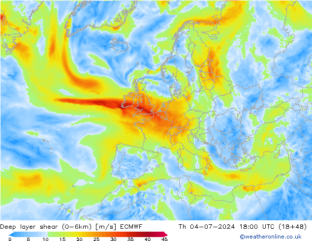 Deep layer shear (0-6km) ECMWF do 04.07.2024 18 UTC