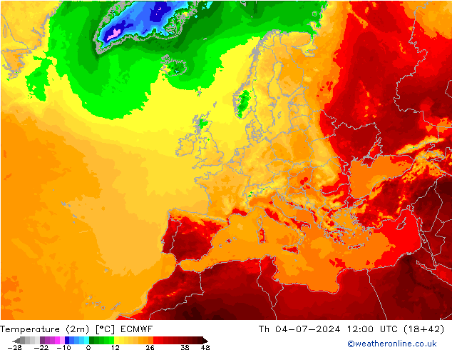 Temperatuurkaart (2m) ECMWF do 04.07.2024 12 UTC