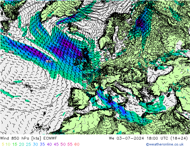 风 850 hPa ECMWF 星期三 03.07.2024 18 UTC