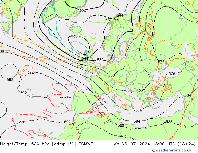 Z500/Rain (+SLP)/Z850 ECMWF 星期三 03.07.2024 18 UTC