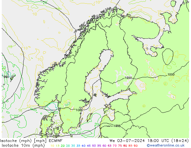 Isotachs (mph) ECMWF 星期三 03.07.2024 18 UTC