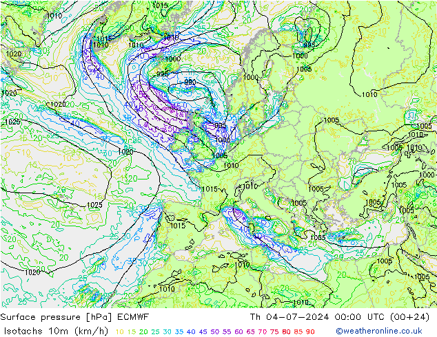 Isotachen (km/h) ECMWF do 04.07.2024 00 UTC