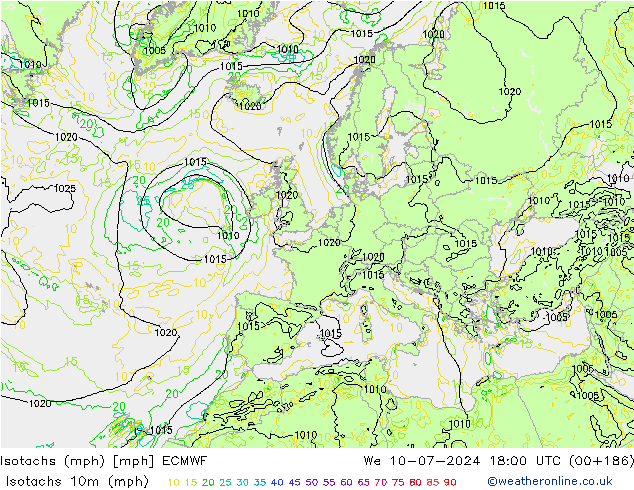 Isotachen (mph) ECMWF wo 10.07.2024 18 UTC