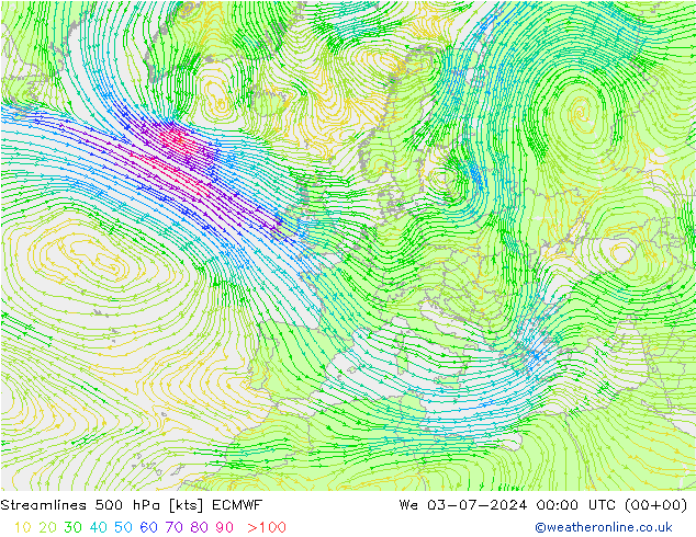 风 500 hPa ECMWF 星期三 03.07.2024 00 UTC
