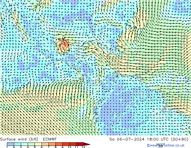Wind 10 m (bft) ECMWF za 06.07.2024 18 UTC