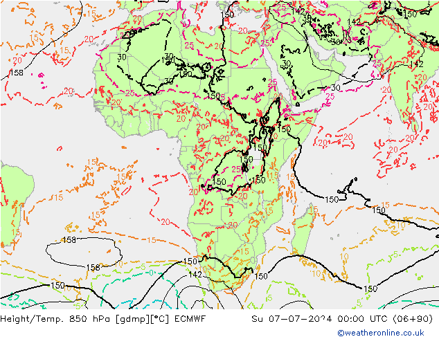 Hoogte/Temp. 850 hPa ECMWF zo 07.07.2024 00 UTC