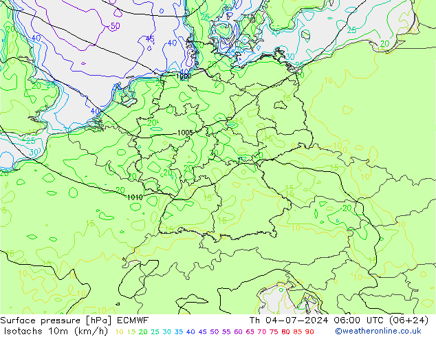 Isotachen (km/h) ECMWF do 04.07.2024 06 UTC