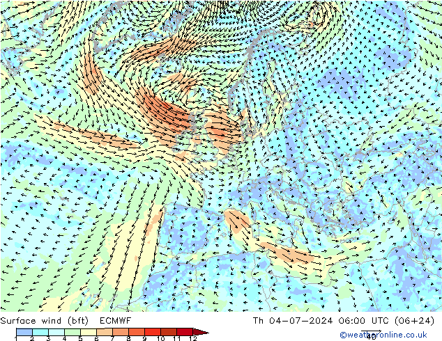Wind 10 m (bft) ECMWF do 04.07.2024 06 UTC
