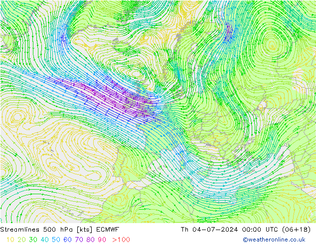 风 500 hPa ECMWF 星期四 04.07.2024 00 UTC