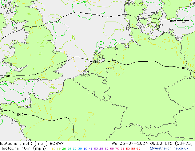 Isotachs (mph) ECMWF 星期三 03.07.2024 09 UTC