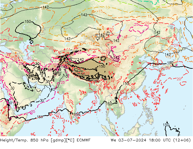 Hoogte/Temp. 850 hPa ECMWF wo 03.07.2024 18 UTC