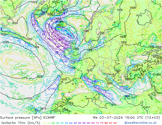 10米等风速线 (kph) ECMWF 星期三 03.07.2024 15 UTC