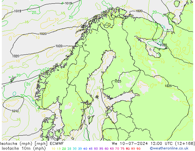 Isotachen (mph) ECMWF wo 10.07.2024 12 UTC