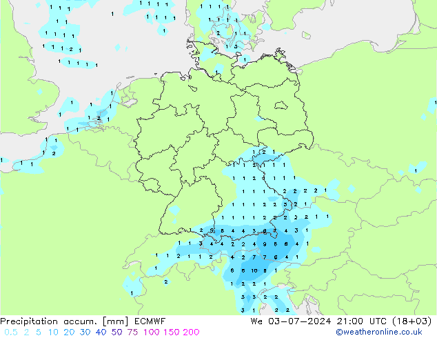 Precipitation accum. ECMWF 星期三 03.07.2024 21 UTC
