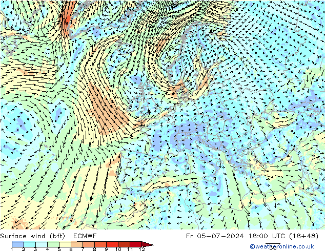 Wind 10 m (bft) ECMWF vr 05.07.2024 18 UTC