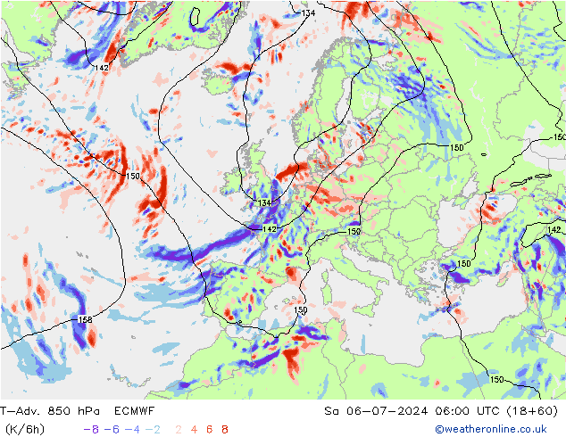 T-Adv. 850 hPa ECMWF za 06.07.2024 06 UTC
