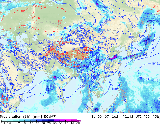 Totale neerslag (6h) ECMWF di 09.07.2024 18 UTC