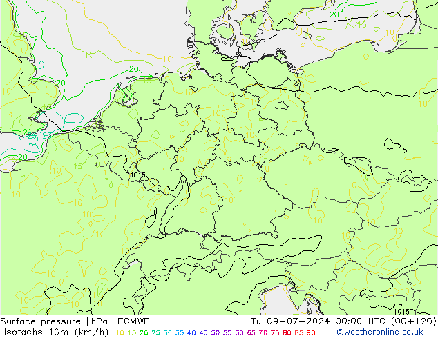 Isotachen (km/h) ECMWF di 09.07.2024 00 UTC