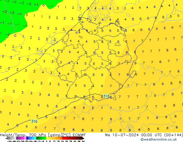 Hoogte/Temp. 700 hPa ECMWF wo 10.07.2024 00 UTC