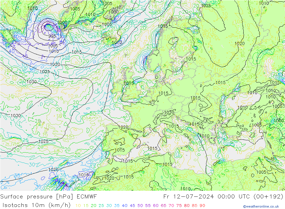 10米等风速线 (kph) ECMWF 星期五 12.07.2024 00 UTC