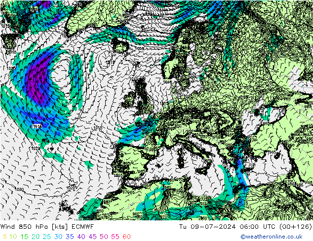 风 850 hPa ECMWF 星期二 09.07.2024 06 UTC