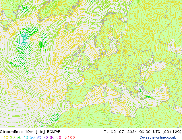 Stroomlijn 10m ECMWF di 09.07.2024 00 UTC