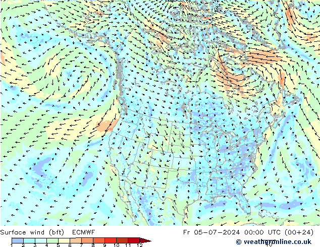 Wind 10 m (bft) ECMWF vr 05.07.2024 00 UTC