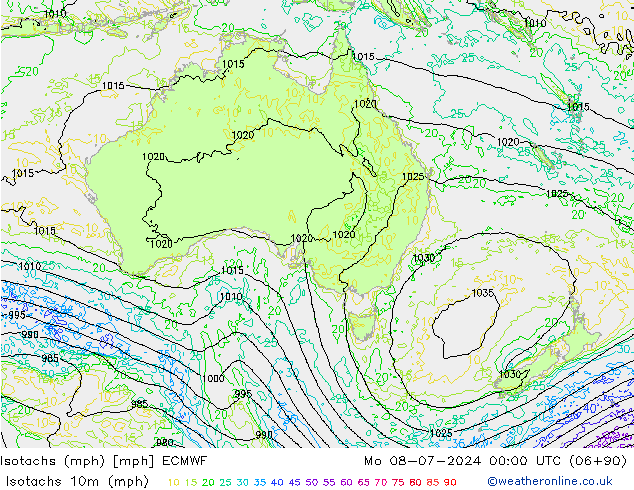 Isotachen (mph) ECMWF ma 08.07.2024 00 UTC