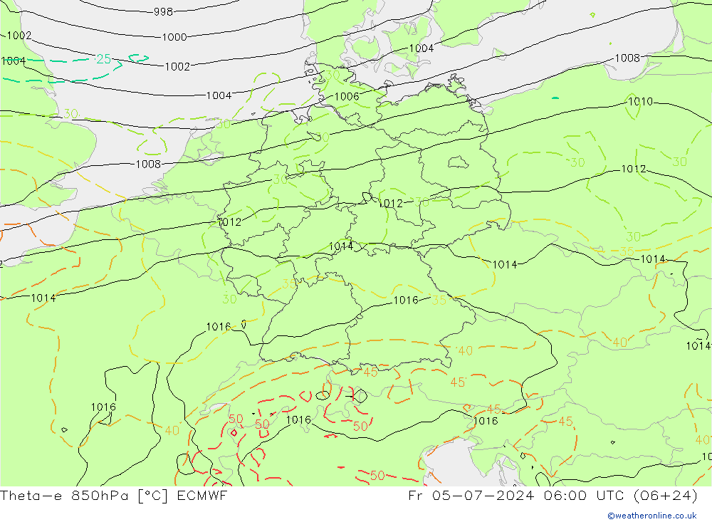 Theta-e 850hPa ECMWF 星期五 05.07.2024 06 UTC