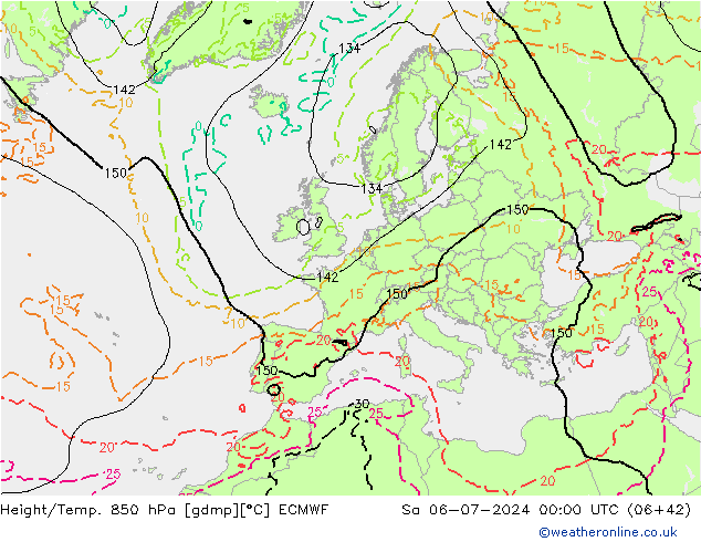Z500/Rain (+SLP)/Z850 ECMWF 星期六 06.07.2024 00 UTC