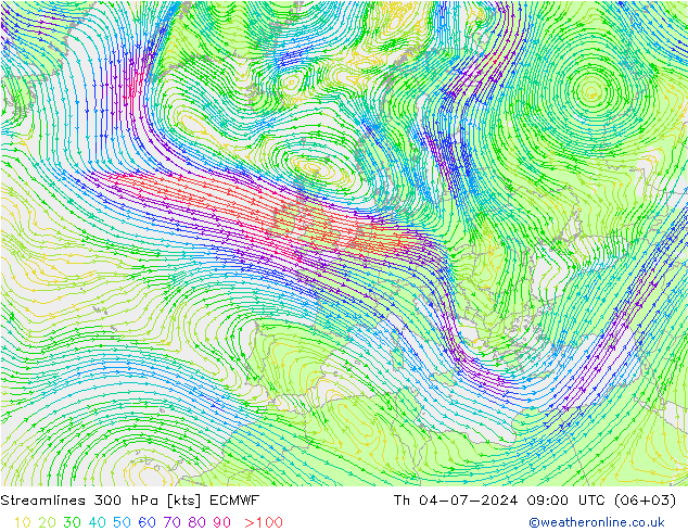 风 300 hPa ECMWF 星期四 04.07.2024 09 UTC