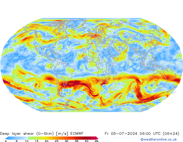 Deep layer shear (0-6km) ECMWF 星期五 05.07.2024 06 UTC