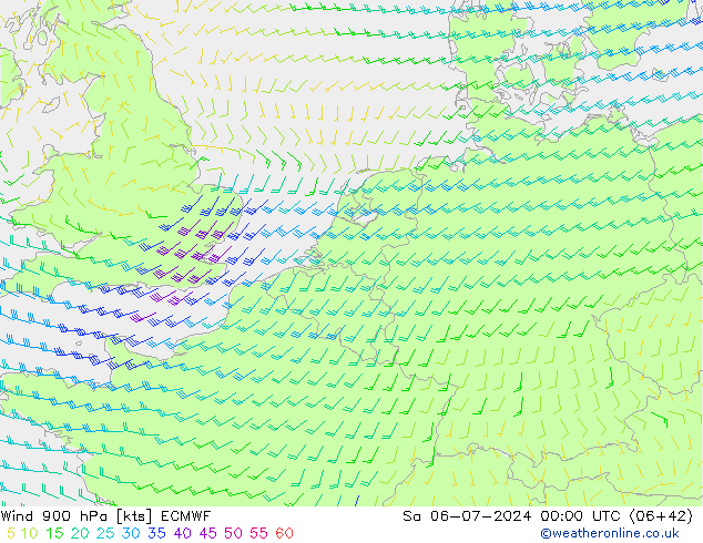 Wind 900 hPa ECMWF za 06.07.2024 00 UTC