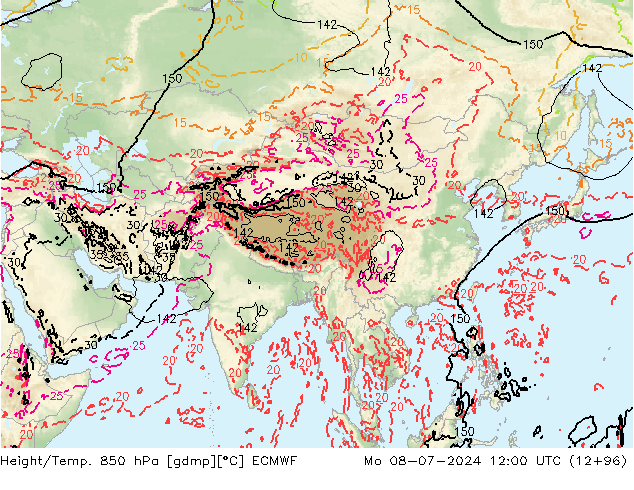 Hoogte/Temp. 850 hPa ECMWF ma 08.07.2024 12 UTC
