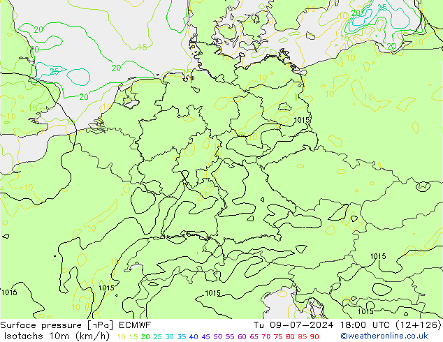 Isotachen (km/h) ECMWF di 09.07.2024 18 UTC