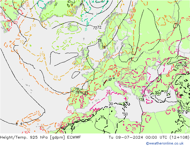 Height/Temp. 925 hPa ECMWF 星期二 09.07.2024 00 UTC