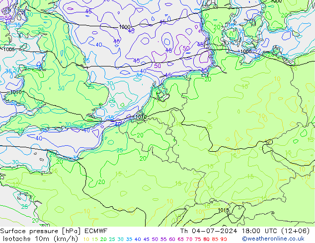 10米等风速线 (kph) ECMWF 星期四 04.07.2024 18 UTC