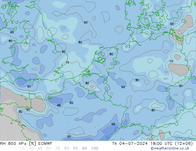RH 850 hPa ECMWF 星期四 04.07.2024 18 UTC
