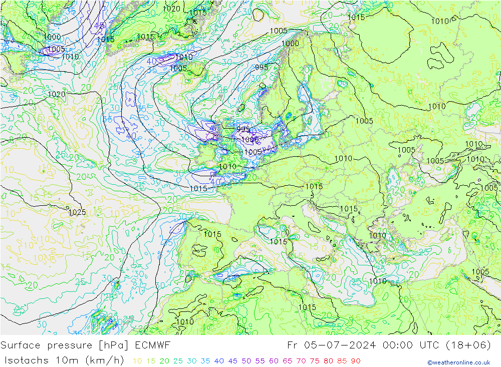 Isotachen (km/h) ECMWF vr 05.07.2024 00 UTC